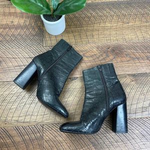FREE PEOPLE 36 black Leather Snakeskin croc zip bootie block heel round toe
